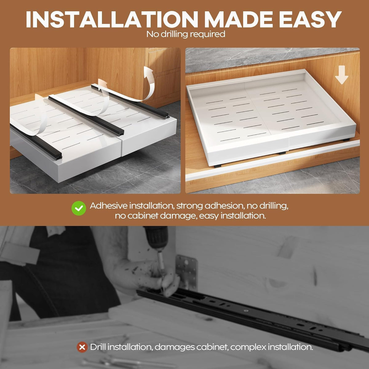 Expandable Pull Out Cabinet Organizer 21"Deep With Raising Pad for Framed Cabinets, Upgrade 3 Slide Rails Slide Out Drawers, Roll Out Shelves Adhesive,Adjustable Width 12.05"-20.4"White
