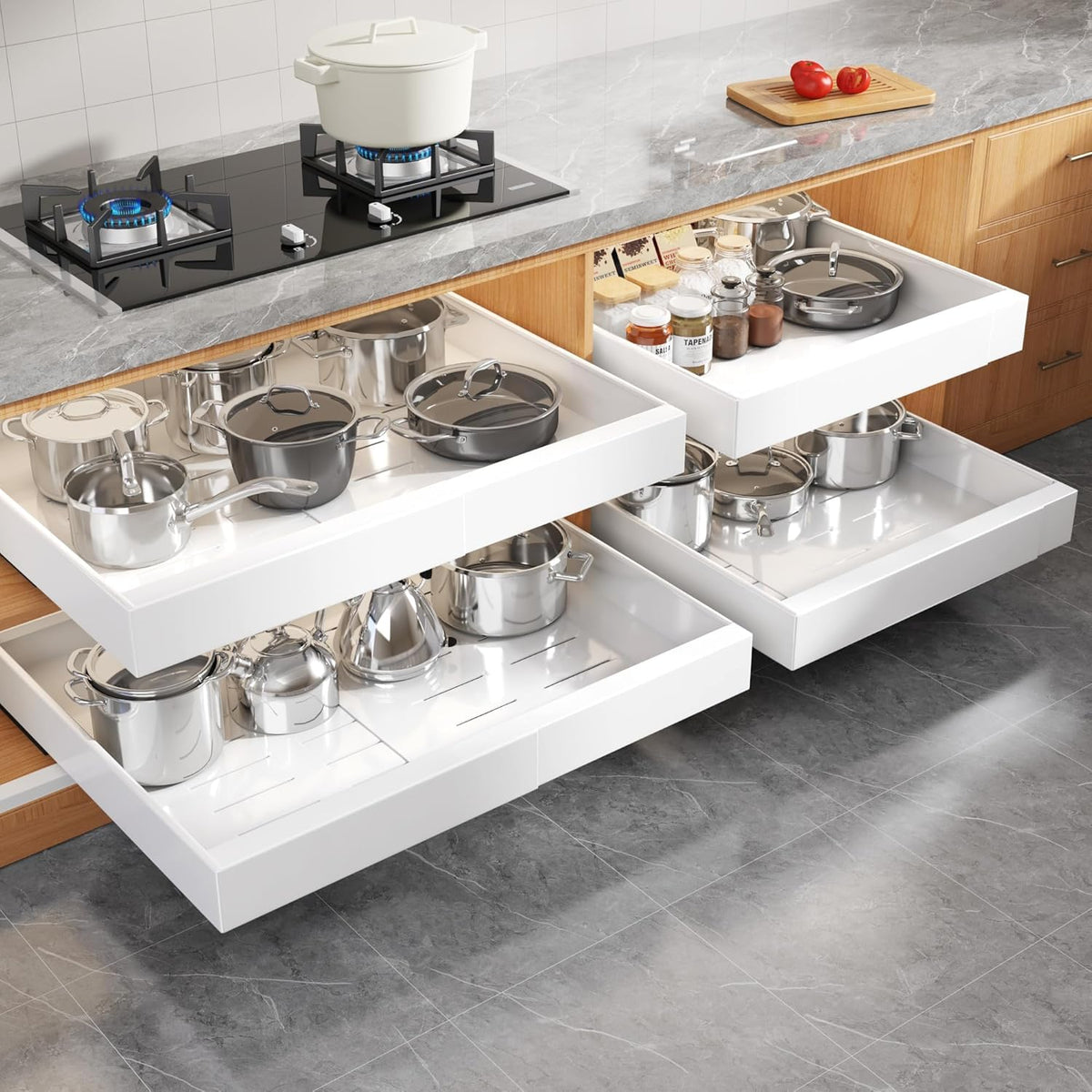 Expandable Pull Out Cabinet Organizer 21"Deep With Raising Pad for Framed Cabinets, Upgrade 3 Slide Rails Slide Out Drawers, Roll Out Shelves Adhesive,Adjustable Width 12.05"-20.4"White