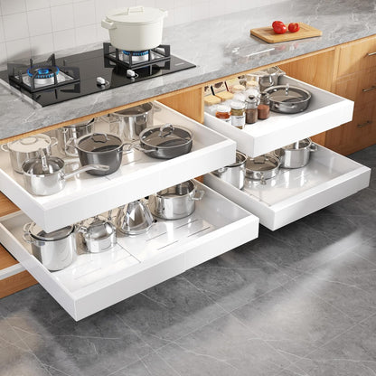 Expandable Pull Out Cabinet Organizer 21"Deep With Raising Pad for Framed Cabinets, Upgrade 3 Slide Rails Slide Out Drawers, Roll Out Shelves Adhesive,Adjustable Width 12.05"-20.4"White