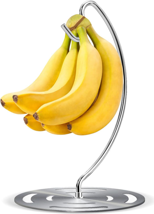 Banana Holder Stand Stainless Steel, Modern Banana Tree Hanger with Larger Base & Won't Topple Over, Banana Hanger Rack for Any Kitchen Countertop (‎Silver)