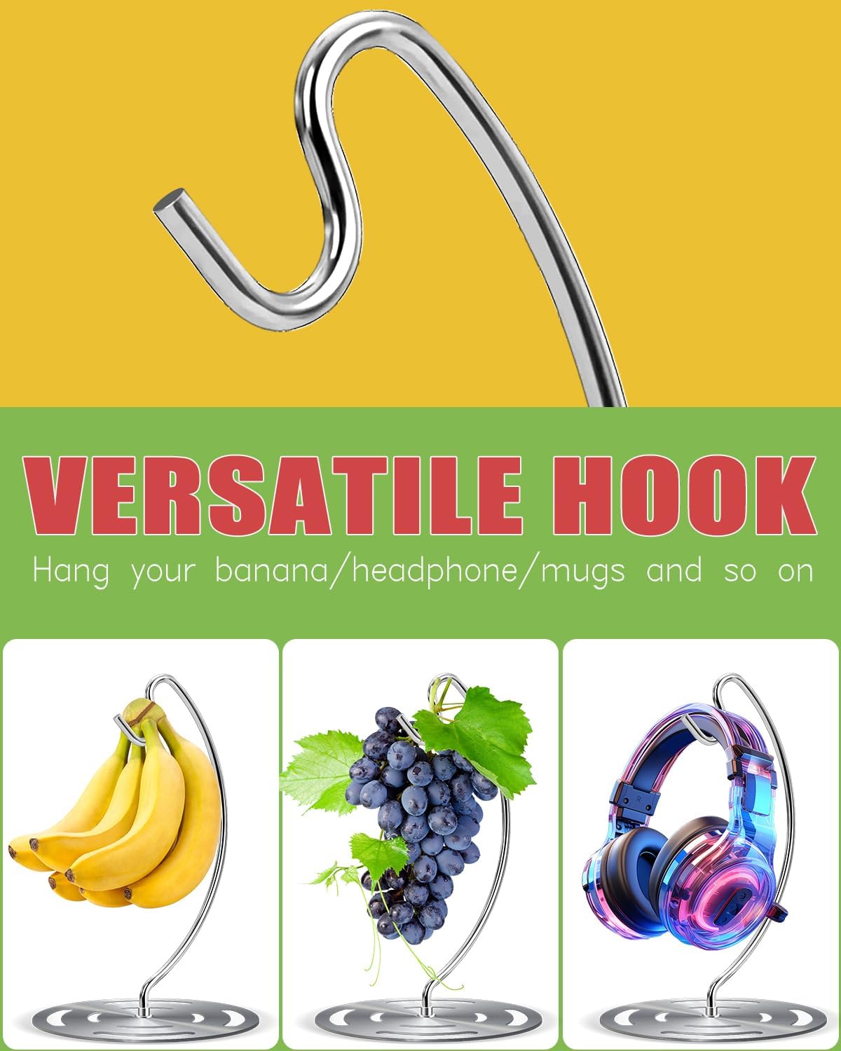 Banana Holder Stand Stainless Steel, Modern Banana Tree Hanger with Larger Base & Won't Topple Over, Banana Hanger Rack for Any Kitchen Countertop (‎Silver)