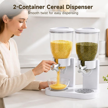 2-Container Cereal Dispenser, 4L Dry Food Storage, White Triple Snack Dispenser, Rotating Dry Food Containers Storage for Candy, Nut, Coffee Beans, 10.6 x 6.3 x 13.8 in