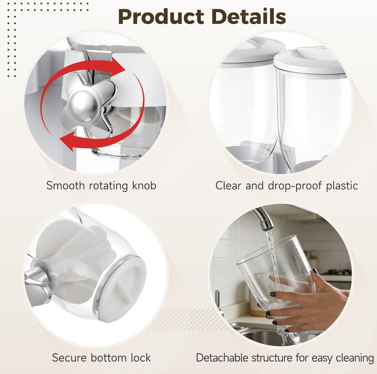 2-Container Cereal Dispenser, 4L Dry Food Storage, White Triple Snack Dispenser, Rotating Dry Food Containers Storage for Candy, Nut, Coffee Beans, 10.6 x 6.3 x 13.8 in
