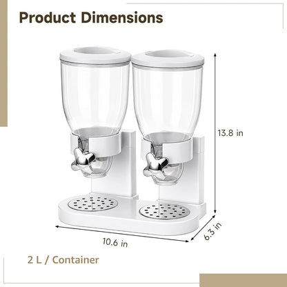 2-Container Cereal Dispenser, 4L Dry Food Storage, White Triple Snack Dispenser, Rotating Dry Food Containers Storage for Candy, Nut, Coffee Beans, 10.6 x 6.3 x 13.8 in