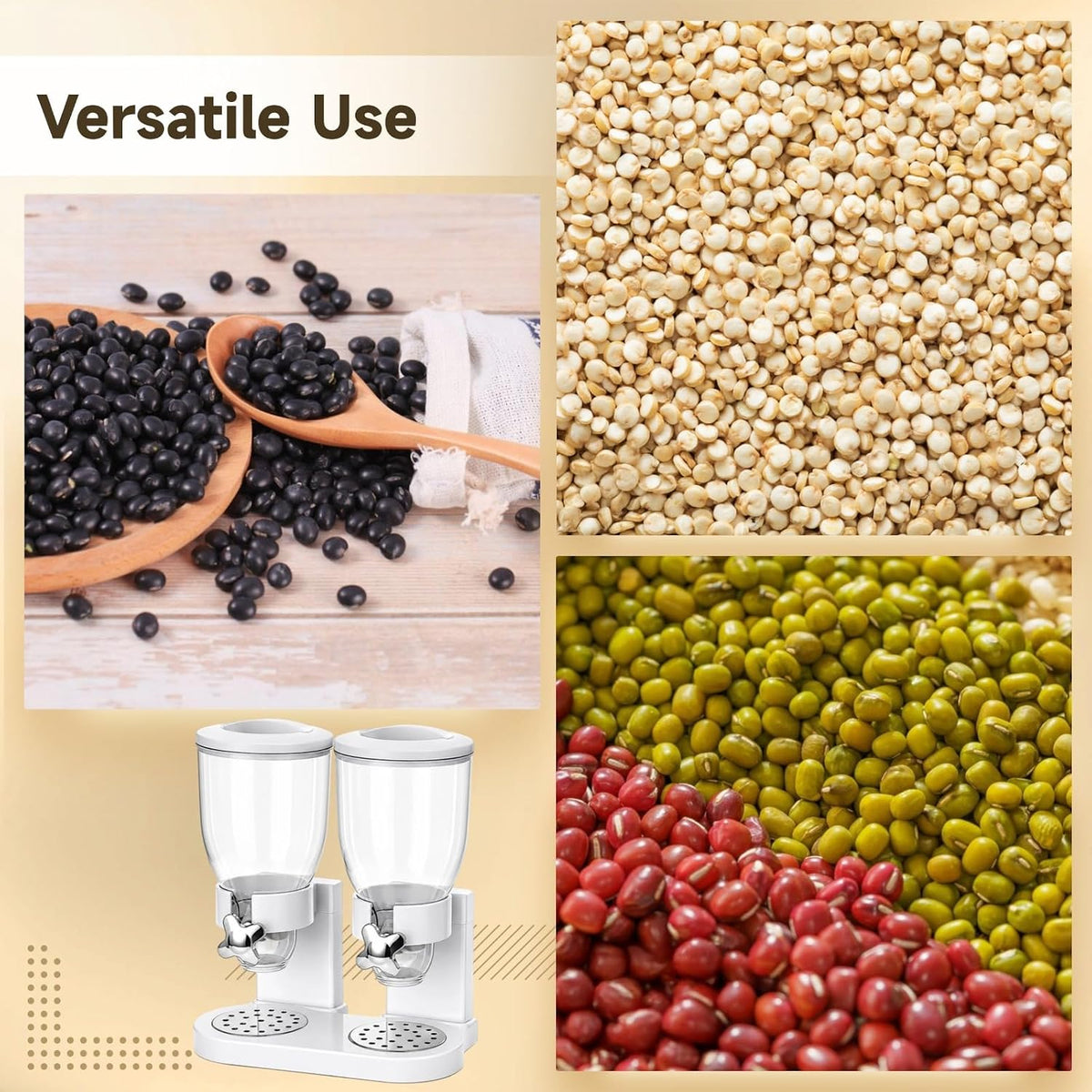 2-Container Cereal Dispenser, 4L Dry Food Storage, White Triple Snack Dispenser, Rotating Dry Food Containers Storage for Candy, Nut, Coffee Beans, 10.6 x 6.3 x 13.8 in