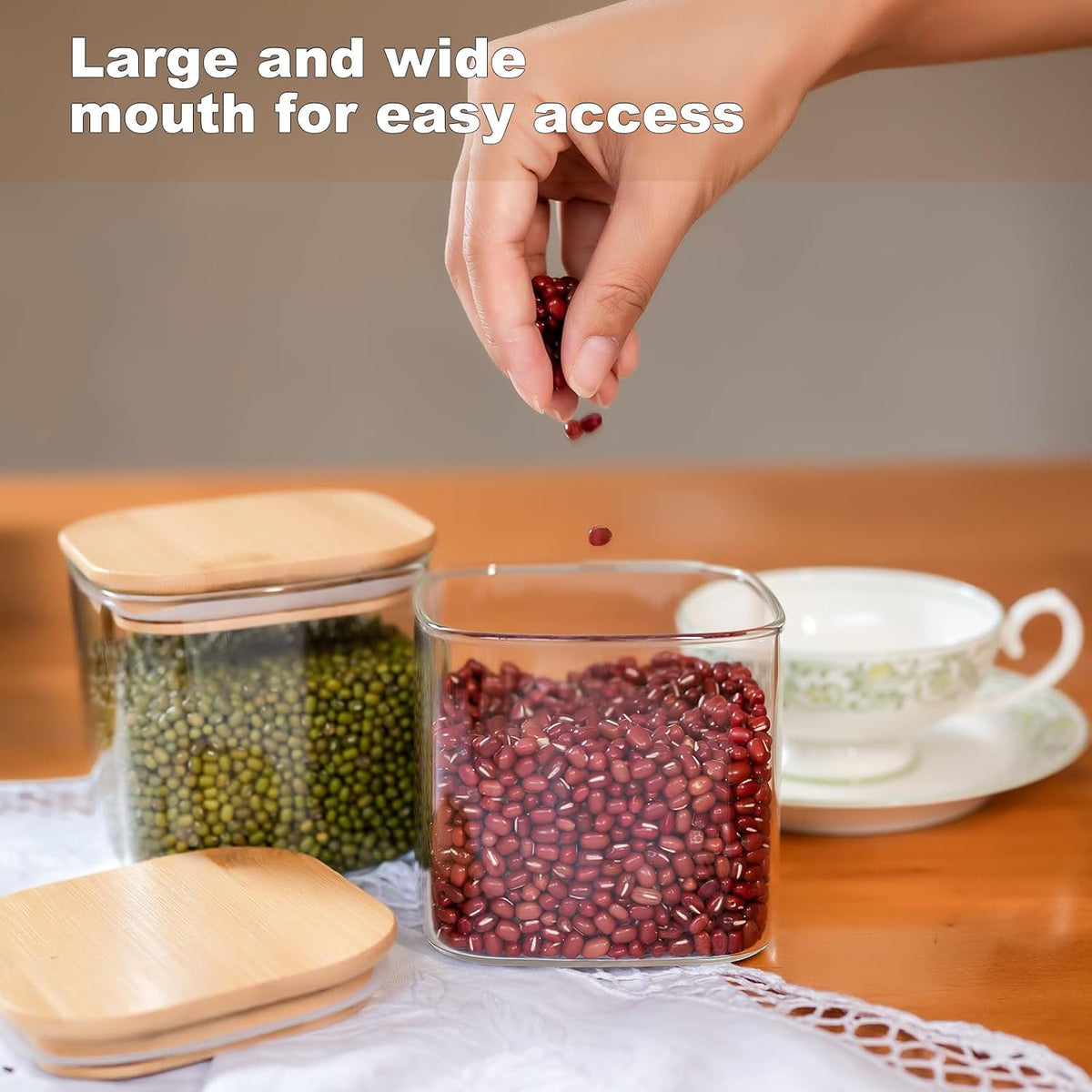 78oz Glass Food Storage Jars with Airtight Clamp Lids, 3 Pack Wide Mouth Large Kitchen Canisters for Flour, Cereal, Beans, Pasta and Canning, Square Mason Jar with Labels