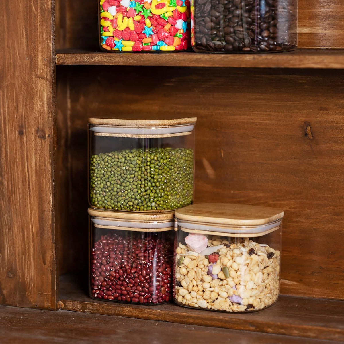 78oz Glass Food Storage Jars with Airtight Clamp Lids, 3 Pack Wide Mouth Large Kitchen Canisters for Flour, Cereal, Beans, Pasta and Canning, Square Mason Jar with Labels