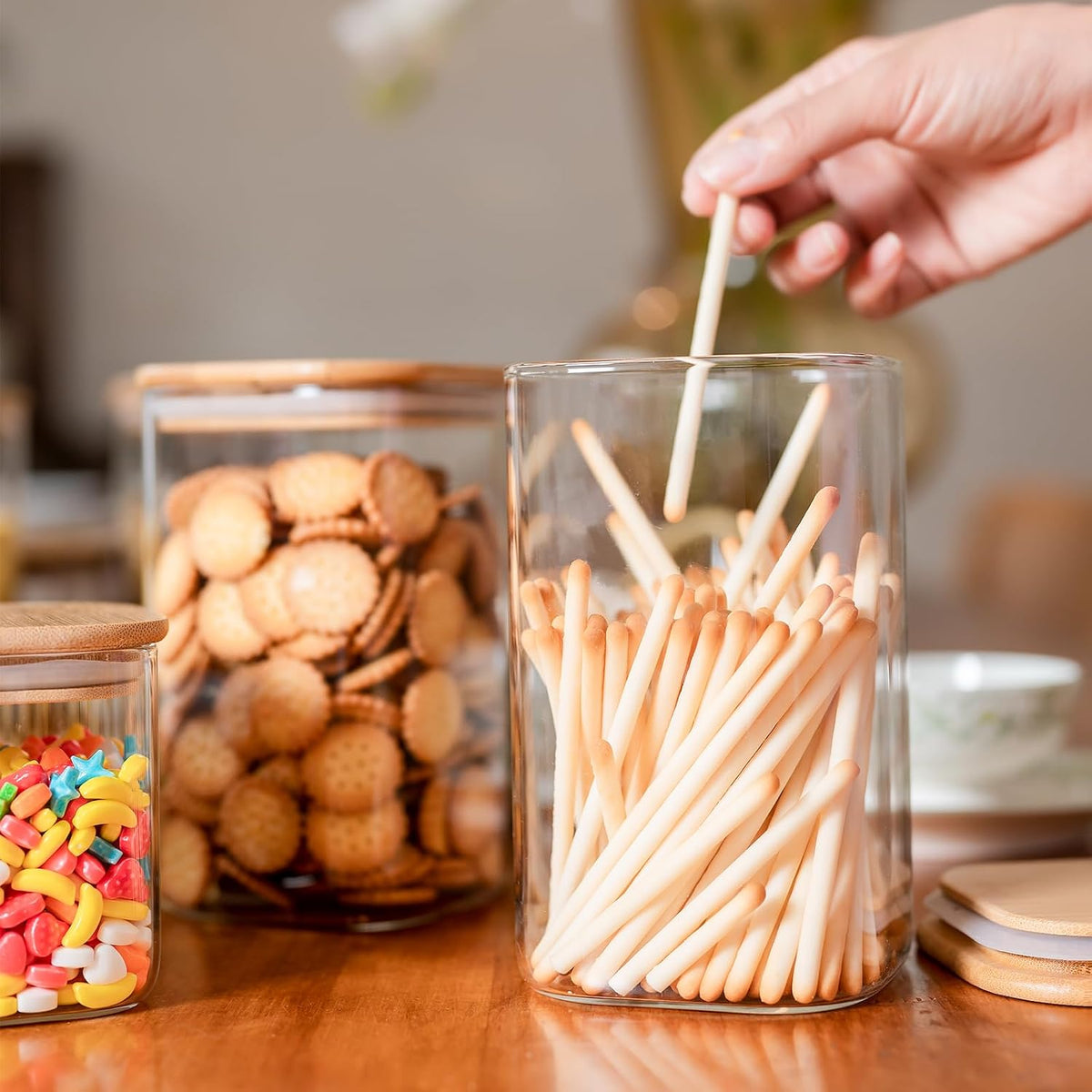 78oz Glass Food Storage Jars with Airtight Clamp Lids, 3 Pack Wide Mouth Large Kitchen Canisters for Flour, Cereal, Beans, Pasta and Canning, Square Mason Jar with Labels