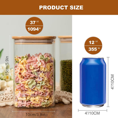 78oz Glass Food Storage Jars with Airtight Clamp Lids, 3 Pack Wide Mouth Large Kitchen Canisters for Flour, Cereal, Beans, Pasta and Canning, Square Mason Jar with Labels