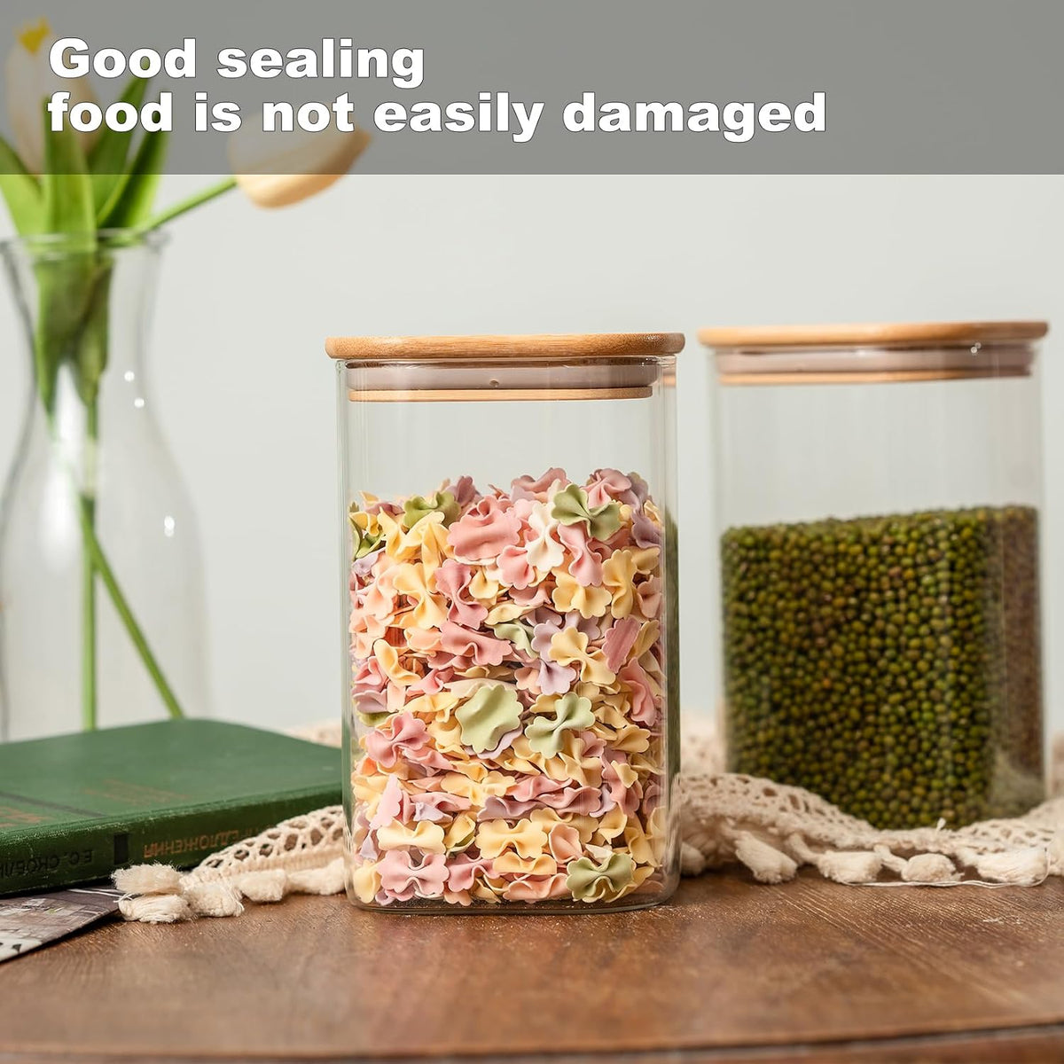 78oz Glass Food Storage Jars with Airtight Clamp Lids, 3 Pack Wide Mouth Large Kitchen Canisters for Flour, Cereal, Beans, Pasta and Canning, Square Mason Jar with Labels