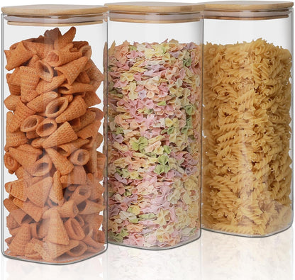 78oz Glass Food Storage Jars with Airtight Clamp Lids, 3 Pack Wide Mouth Large Kitchen Canisters for Flour, Cereal, Beans, Pasta and Canning, Square Mason Jar with Labels