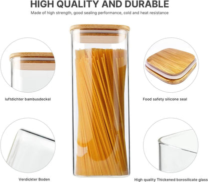 78oz Glass Food Storage Jars with Airtight Clamp Lids, 3 Pack Wide Mouth Large Kitchen Canisters for Flour, Cereal, Beans, Pasta and Canning, Square Mason Jar with Labels