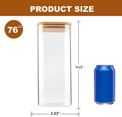 78oz Glass Food Storage Jars with Airtight Clamp Lids, 3 Pack Wide Mouth Large Kitchen Canisters for Flour, Cereal, Beans, Pasta and Canning, Square Mason Jar with Labels
