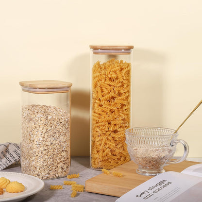 78oz Glass Food Storage Jars with Airtight Clamp Lids, 3 Pack Wide Mouth Large Kitchen Canisters for Flour, Cereal, Beans, Pasta and Canning, Square Mason Jar with Labels