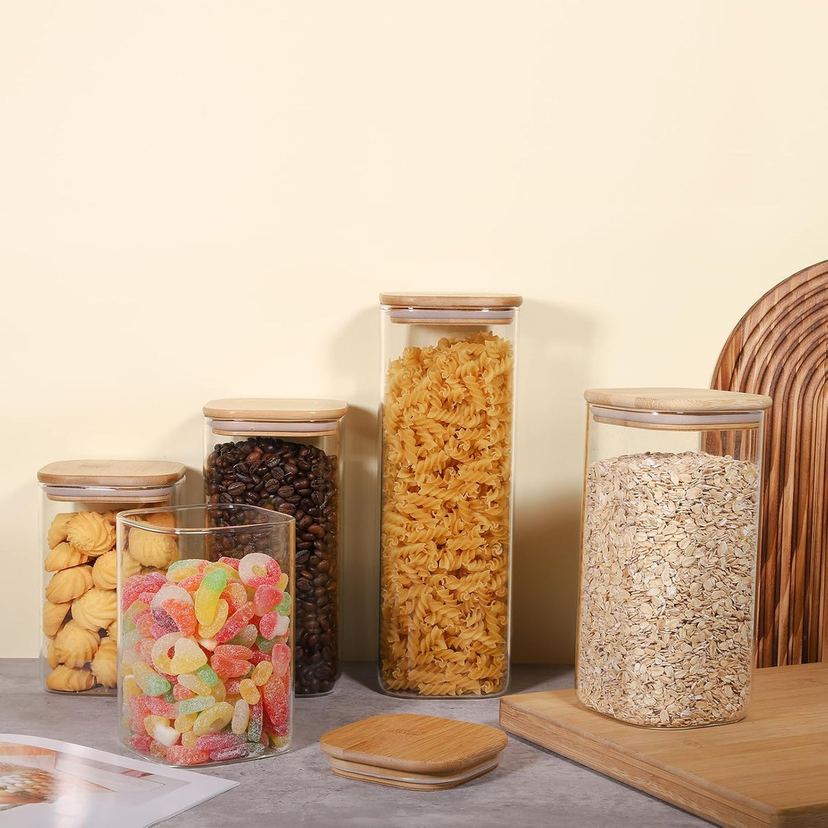 78oz Glass Food Storage Jars with Airtight Clamp Lids, 3 Pack Wide Mouth Large Kitchen Canisters for Flour, Cereal, Beans, Pasta and Canning, Square Mason Jar with Labels