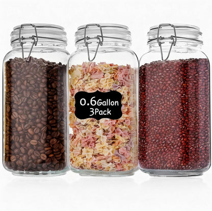 78oz Glass Food Storage Jars with Airtight Clamp Lids, 3 Pack Wide Mouth Large Kitchen Canisters for Flour, Cereal, Beans, Pasta and Canning, Square Mason Jar with Labels