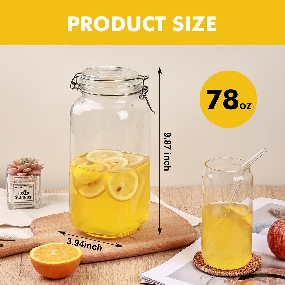 78oz Glass Food Storage Jars with Airtight Clamp Lids, 3 Pack Wide Mouth Large Kitchen Canisters for Flour, Cereal, Beans, Pasta and Canning, Square Mason Jar with Labels