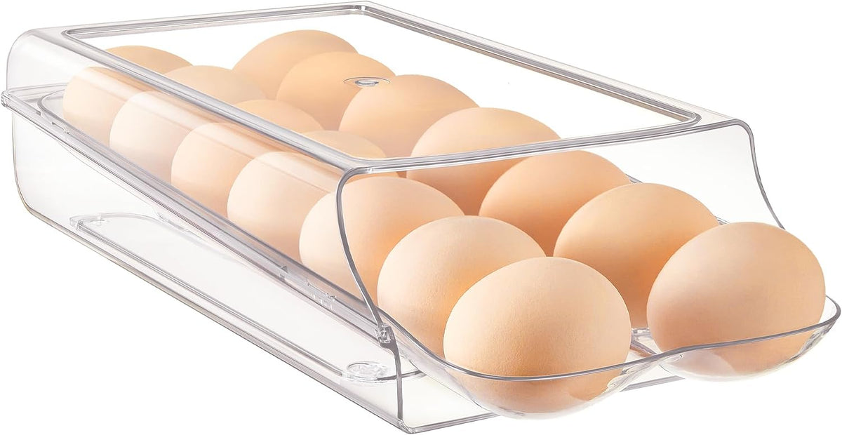 2 Pack Egg Holder for Fridge, Automatic Rolling Egg Container