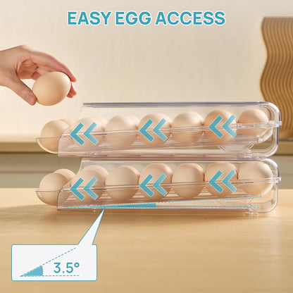 2 Pack Egg Holder for Fridge, Automatic Rolling Egg Container