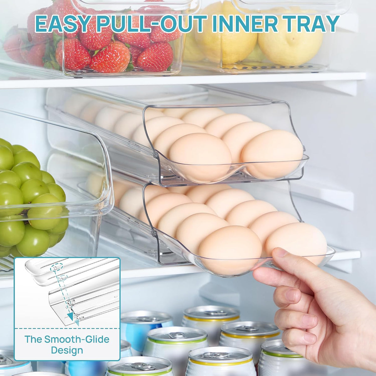2 Pack Egg Holder for Fridge, Automatic Rolling Egg Container