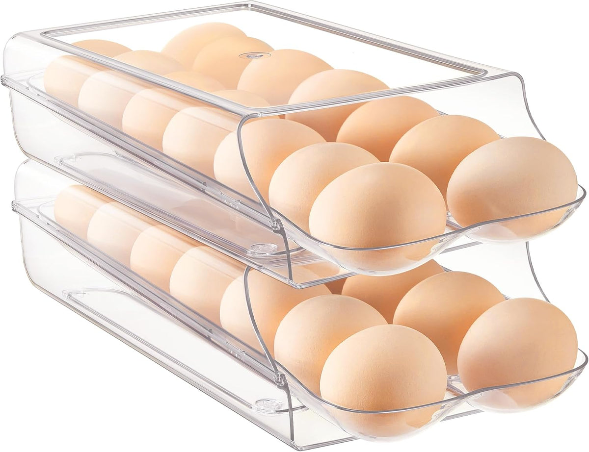 2 Pack Egg Holder for Fridge, Automatic Rolling Egg Container