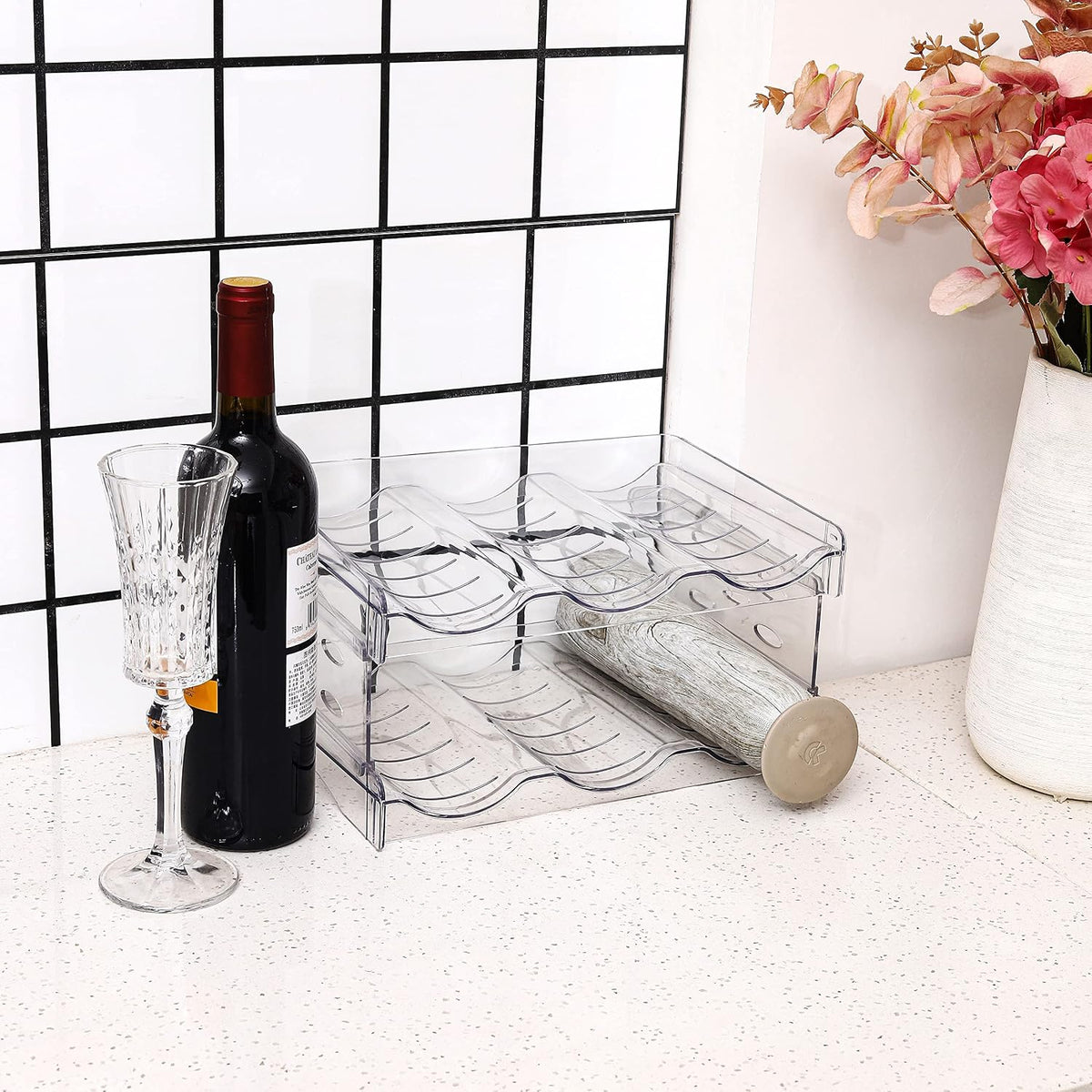 2 Pack Stackable Wine and Water Bottle Holder Free-Standing Fridge Wine Bottle Organizers Clear Plastic Water Bottle Holder for Cabinet,Refrigerator,Pantry,Kitchen Countertops,Holds 8 Bottles