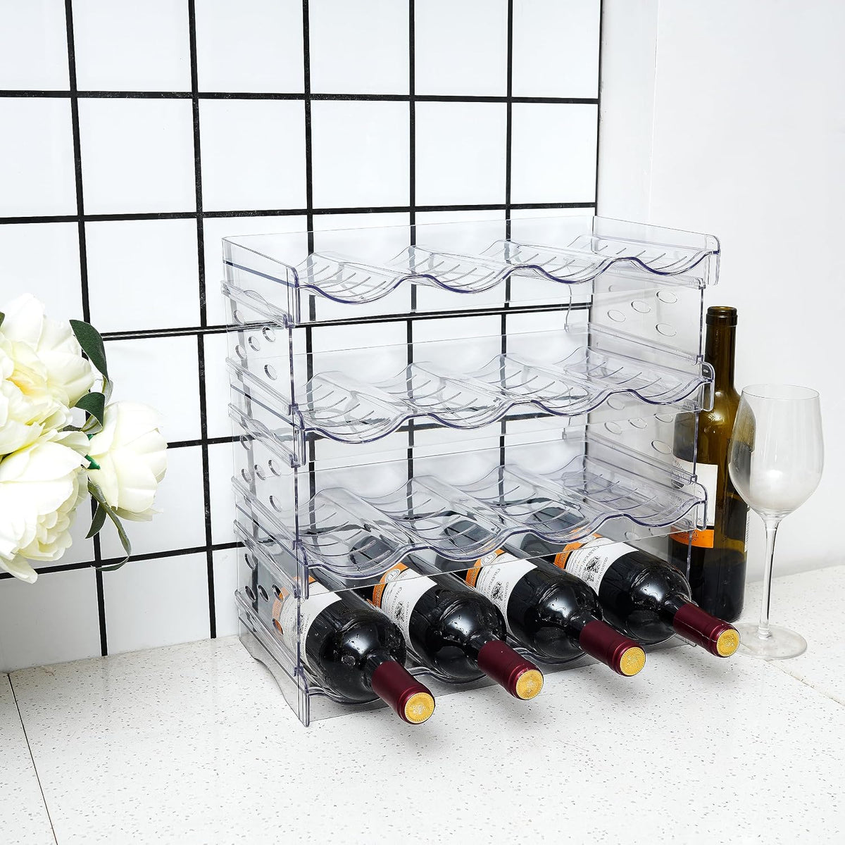 2 Pack Stackable Wine and Water Bottle Holder Free-Standing Fridge Wine Bottle Organizers Clear Plastic Water Bottle Holder for Cabinet,Refrigerator,Pantry,Kitchen Countertops,Holds 8 Bottles