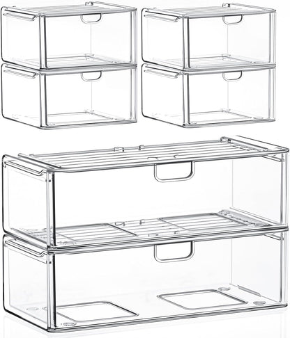 caktraie 6-Pack Acrylic Stackable Storage Drawers for Vanity, Desk, Bath | 2 large & wide 13" drawers, Smooth-glide, stackable, clear body, dustproof, wipe clean, for makeup, pantry jars, under sink