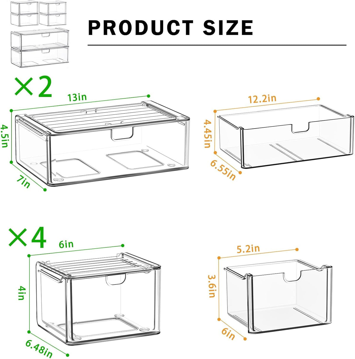 caktraie 6-Pack Acrylic Stackable Storage Drawers for Vanity, Desk, Bath | 2 large & wide 13" drawers, Smooth-glide, stackable, clear body, dustproof, wipe clean, for makeup, pantry jars, under sink