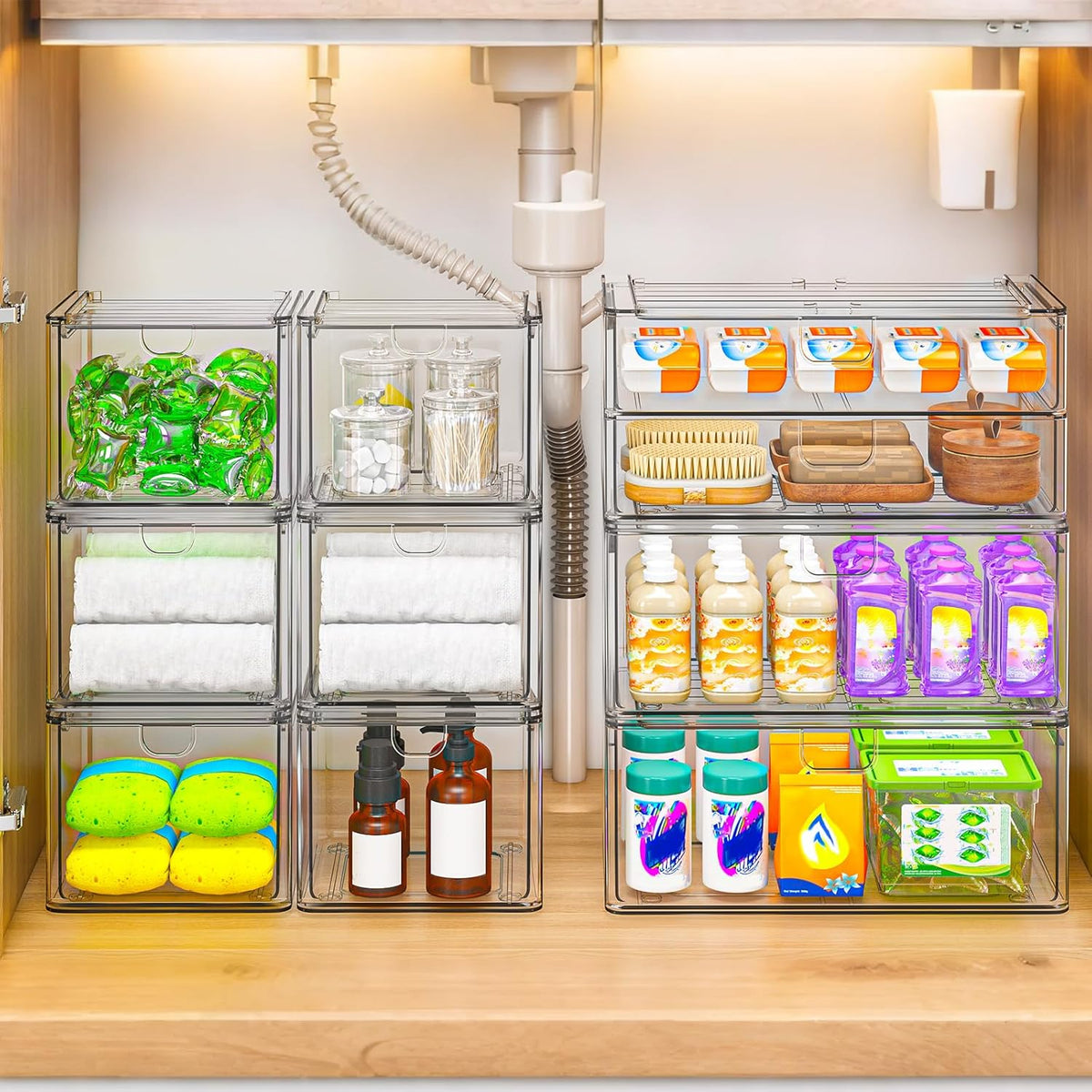 caktraie 6-Pack Acrylic Stackable Storage Drawers for Vanity, Desk, Bath | 2 large & wide 13" drawers, Smooth-glide, stackable, clear body, dustproof, wipe clean, for makeup, pantry jars, under sink