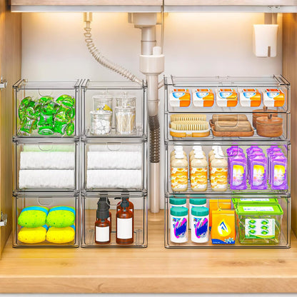 caktraie 6-Pack Acrylic Stackable Storage Drawers for Vanity, Desk, Bath | 2 large & wide 13" drawers, Smooth-glide, stackable, clear body, dustproof, wipe clean, for makeup, pantry jars, under sink