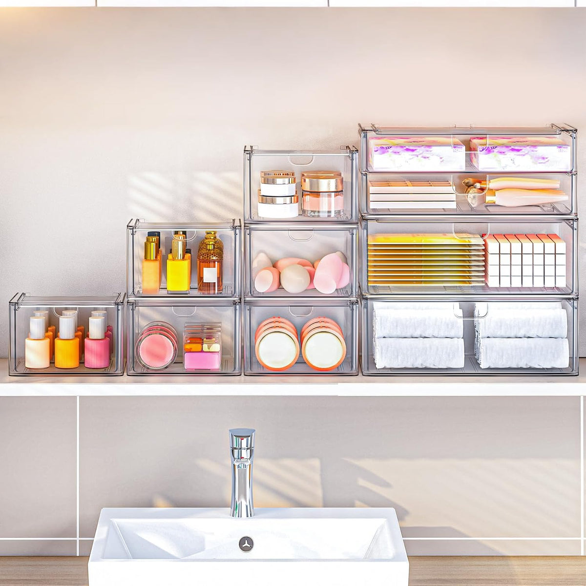 caktraie 6-Pack Acrylic Stackable Storage Drawers for Vanity, Desk, Bath | 2 large & wide 13" drawers, Smooth-glide, stackable, clear body, dustproof, wipe clean, for makeup, pantry jars, under sink