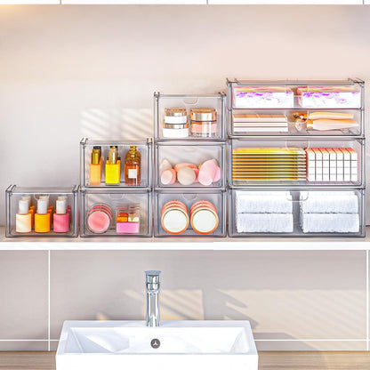 caktraie 6-Pack Acrylic Stackable Storage Drawers for Vanity, Desk, Bath | 2 large & wide 13" drawers, Smooth-glide, stackable, clear body, dustproof, wipe clean, for makeup, pantry jars, under sink