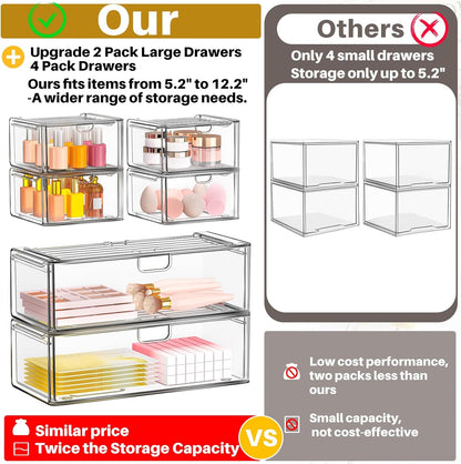 caktraie 6-Pack Acrylic Stackable Storage Drawers for Vanity, Desk, Bath | 2 large & wide 13" drawers, Smooth-glide, stackable, clear body, dustproof, wipe clean, for makeup, pantry jars, under sink