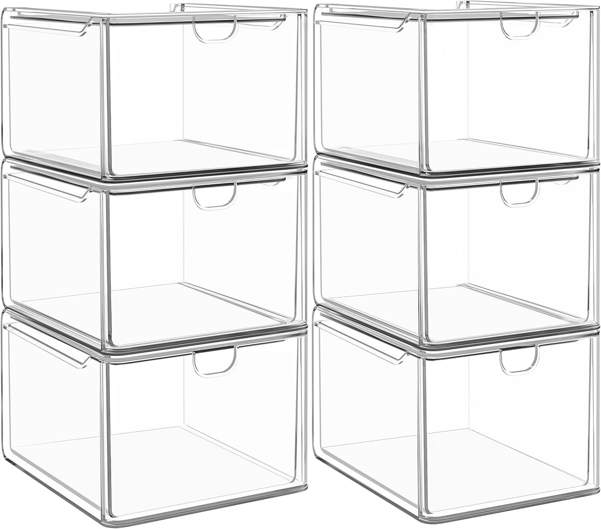 caktraie 6-Pack Acrylic Stackable Storage Drawers for Vanity, Desk, Bath | 2 large & wide 13" drawers, Smooth-glide, stackable, clear body, dustproof, wipe clean, for makeup, pantry jars, under sink