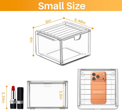 caktraie 6-Pack Acrylic Stackable Storage Drawers for Vanity, Desk, Bath | 2 large & wide 13" drawers, Smooth-glide, stackable, clear body, dustproof, wipe clean, for makeup, pantry jars, under sink
