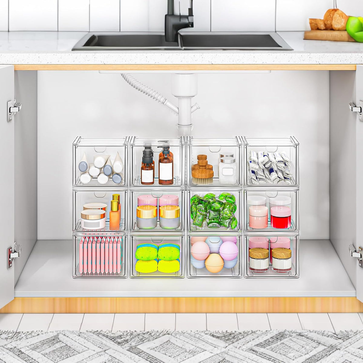 caktraie 6-Pack Acrylic Stackable Storage Drawers for Vanity, Desk, Bath | 2 large & wide 13" drawers, Smooth-glide, stackable, clear body, dustproof, wipe clean, for makeup, pantry jars, under sink
