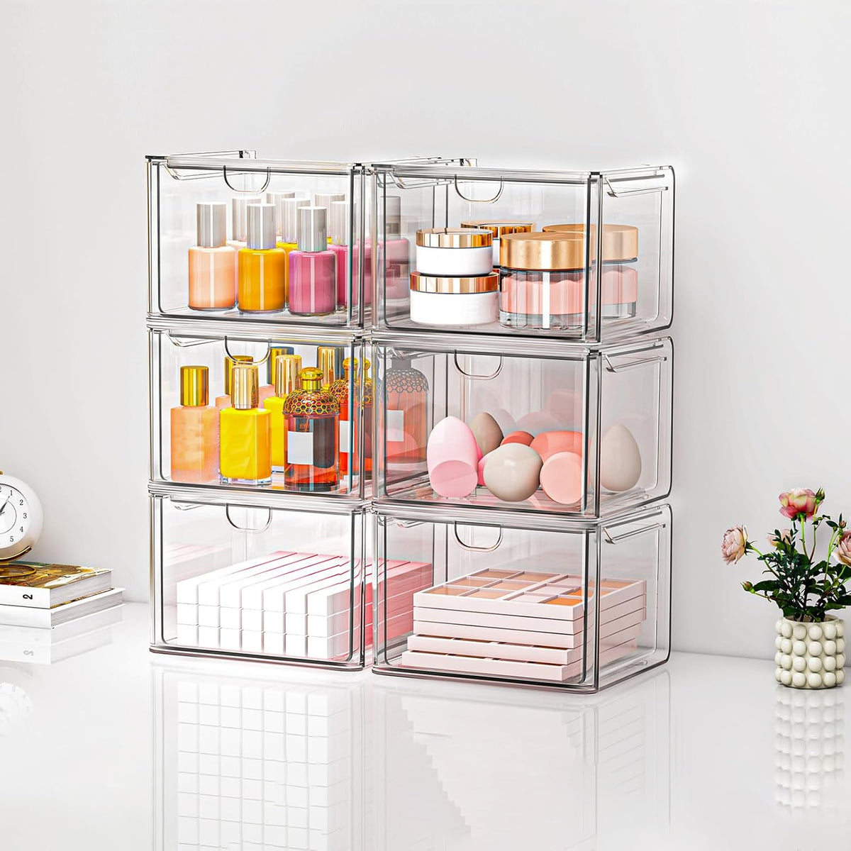caktraie 6-Pack Acrylic Stackable Storage Drawers for Vanity, Desk, Bath | 2 large & wide 13" drawers, Smooth-glide, stackable, clear body, dustproof, wipe clean, for makeup, pantry jars, under sink