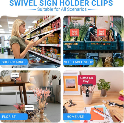 12 Pcs Clear Sign Holder Clips for Display, Rotatable Double Sided Clip, Plastic Price Rack Shelf Clips, Swivel Sign Clips for Sale Retail Display,Merchandising Pop Clips for Retail Rack, Baskets