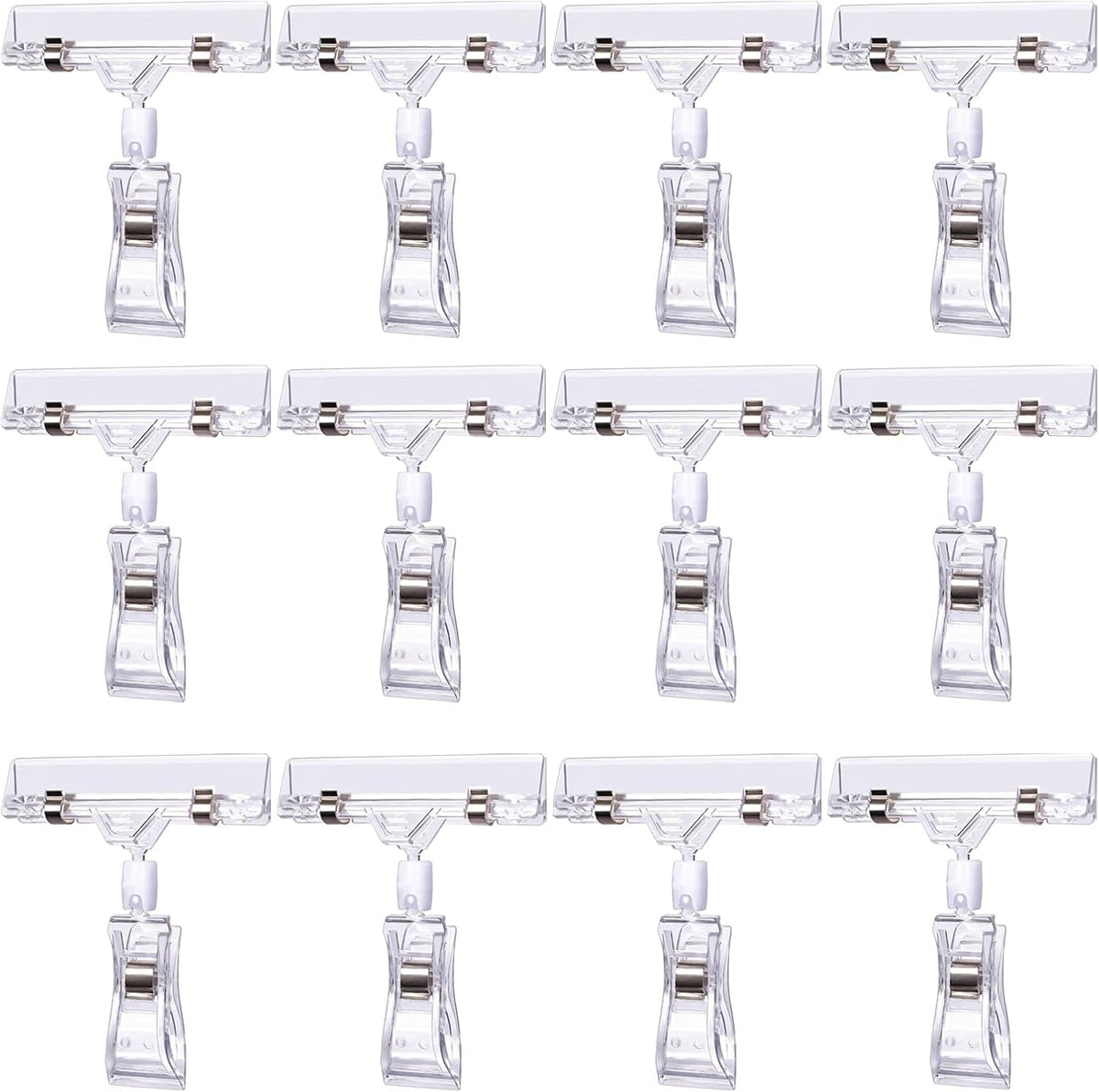 12 Pcs Clear Sign Holder Clips for Display, Rotatable Double Sided Clip, Plastic Price Rack Shelf Clips, Swivel Sign Clips for Sale Retail Display,Merchandising Pop Clips for Retail Rack, Baskets