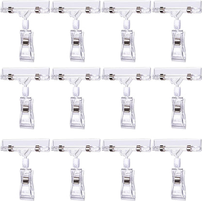 12 Pcs Clear Sign Holder Clips for Display, Rotatable Double Sided Clip, Plastic Price Rack Shelf Clips, Swivel Sign Clips for Sale Retail Display,Merchandising Pop Clips for Retail Rack, Baskets