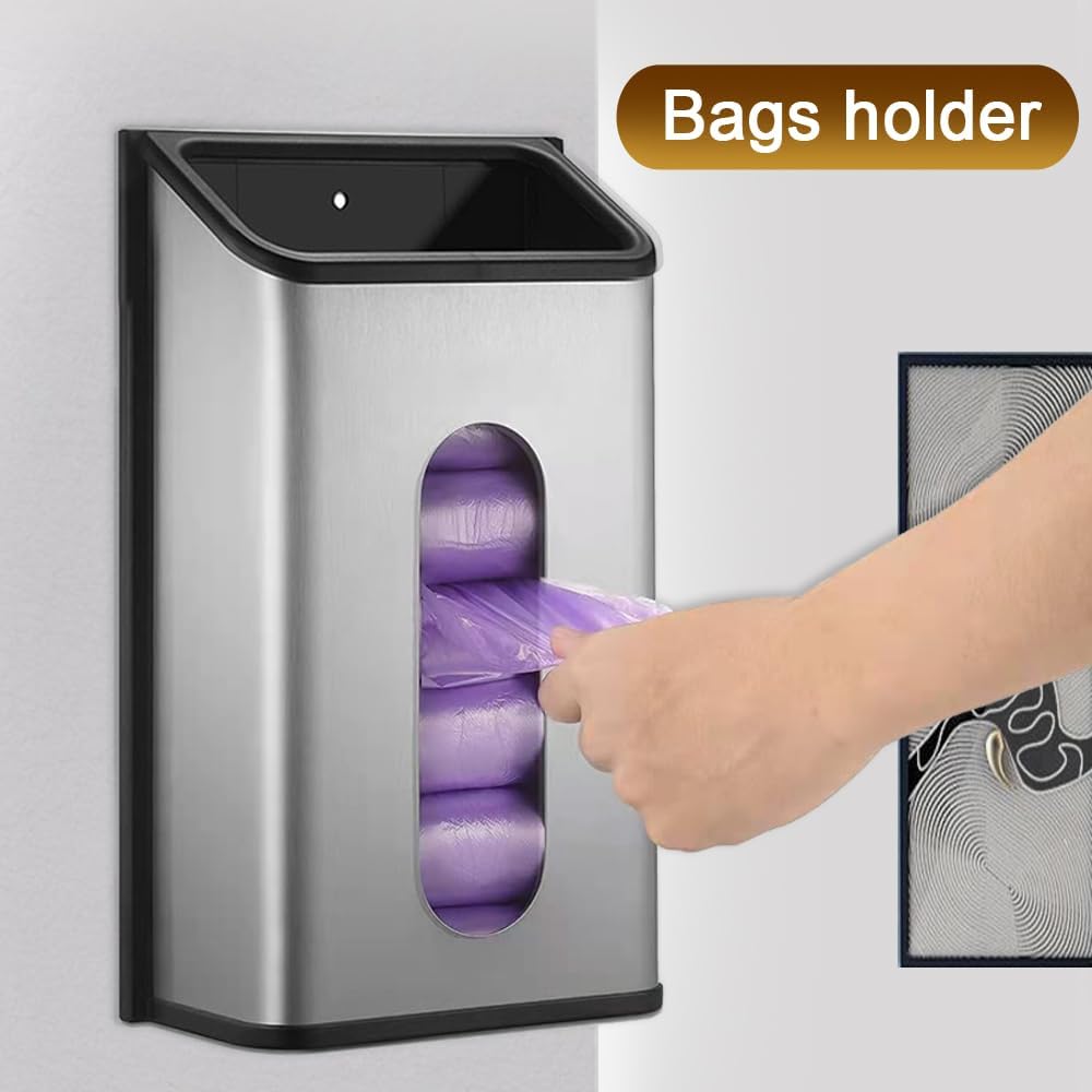 Plastic Bags Holder Grocery Dispenser for Kitchen Trash Bag Storage with Stainless Steel Front, Wall Mounted with Extra Wide Easy Access Openings