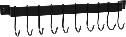 16in Wrought Iron Kitchen Hooks – 10-Hook Wall Mounted Utensil Hanger for Pots, Pans & Mugs – Heavy Duty Pan Hanger Rack for Kitchen Utensils, Black Finish