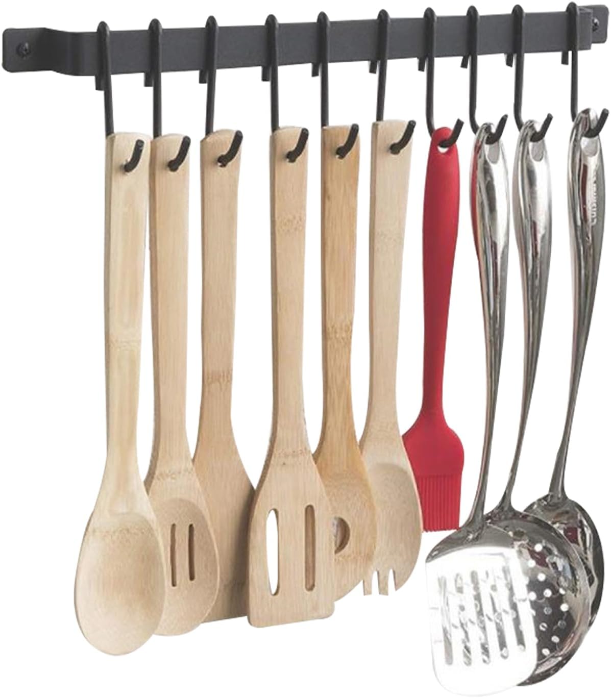 16in Wrought Iron Kitchen Hooks – 10-Hook Wall Mounted Utensil Hanger for Pots, Pans & Mugs – Heavy Duty Pan Hanger Rack for Kitchen Utensils, Black Finish