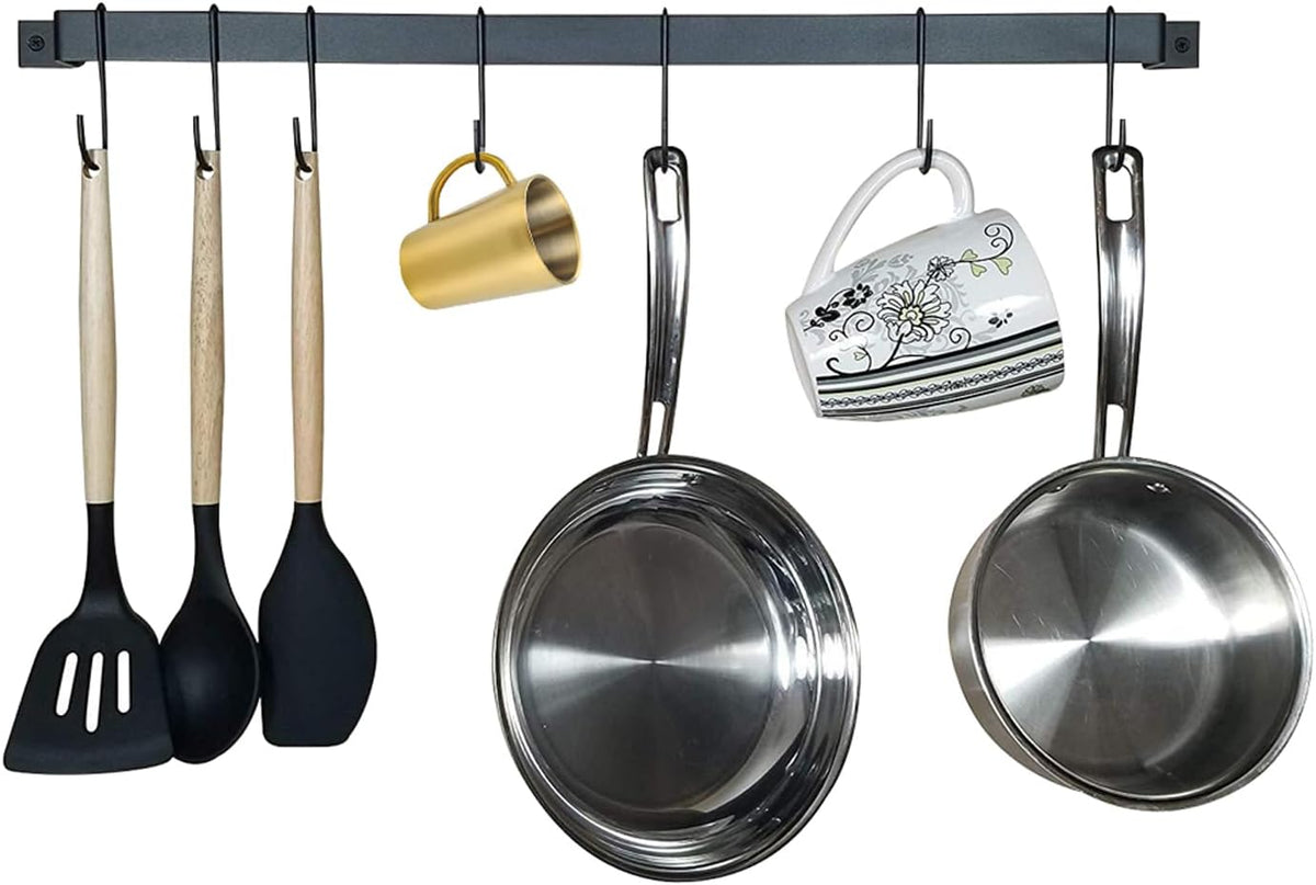 16in Wrought Iron Kitchen Hooks – 10-Hook Wall Mounted Utensil Hanger for Pots, Pans & Mugs – Heavy Duty Pan Hanger Rack for Kitchen Utensils, Black Finish