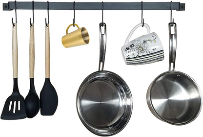 16in Wrought Iron Kitchen Hooks – 10-Hook Wall Mounted Utensil Hanger for Pots, Pans & Mugs – Heavy Duty Pan Hanger Rack for Kitchen Utensils, Black Finish