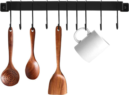 16in Wrought Iron Kitchen Hooks – 10-Hook Wall Mounted Utensil Hanger for Pots, Pans & Mugs – Heavy Duty Pan Hanger Rack for Kitchen Utensils, Black Finish