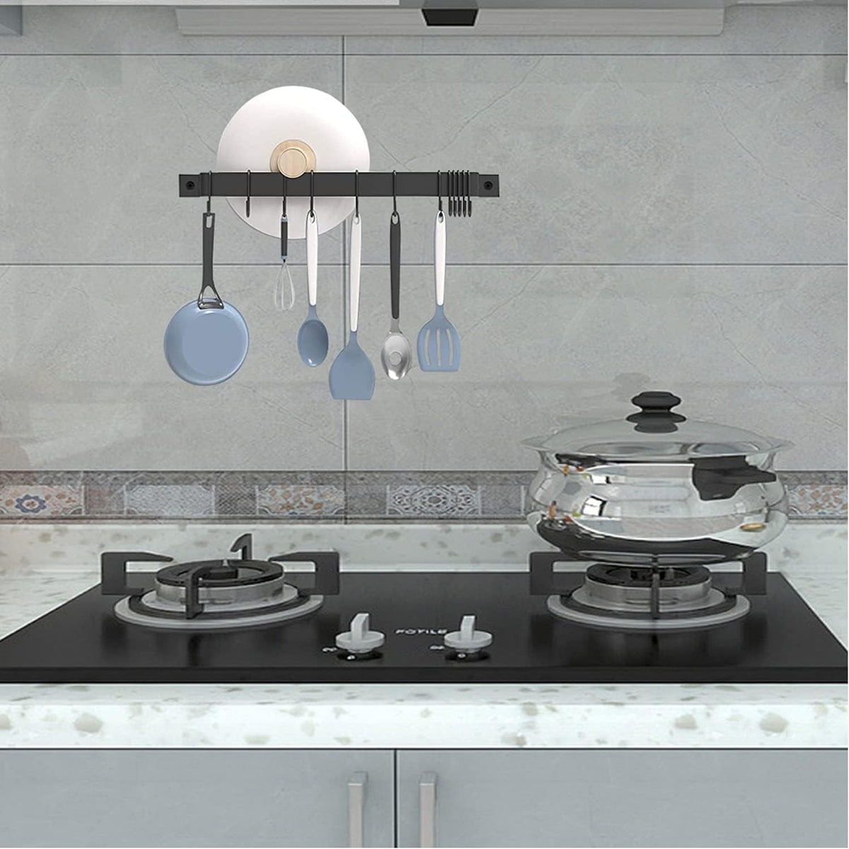 16in Wrought Iron Kitchen Hooks – 10-Hook Wall Mounted Utensil Hanger for Pots, Pans & Mugs – Heavy Duty Pan Hanger Rack for Kitchen Utensils, Black Finish