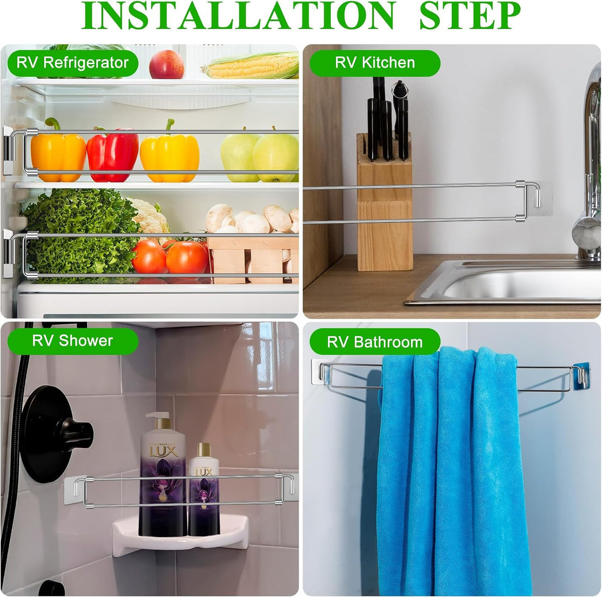 4 Pcs Rv Refrigerator Bars 12.44"-22.63" Adjustable Stainless Steel RV Fridge Tension Rods Refrigerator Accessories Extendable Food and Drink Stabilizers Prevent Messy Spills During Travel