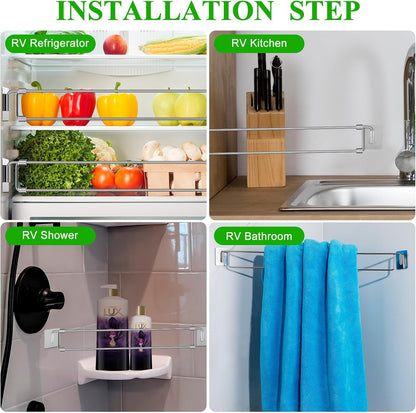 4 Pcs Rv Refrigerator Bars 12.44"-22.63" Adjustable Stainless Steel RV Fridge Tension Rods Refrigerator Accessories Extendable Food and Drink Stabilizers Prevent Messy Spills During Travel